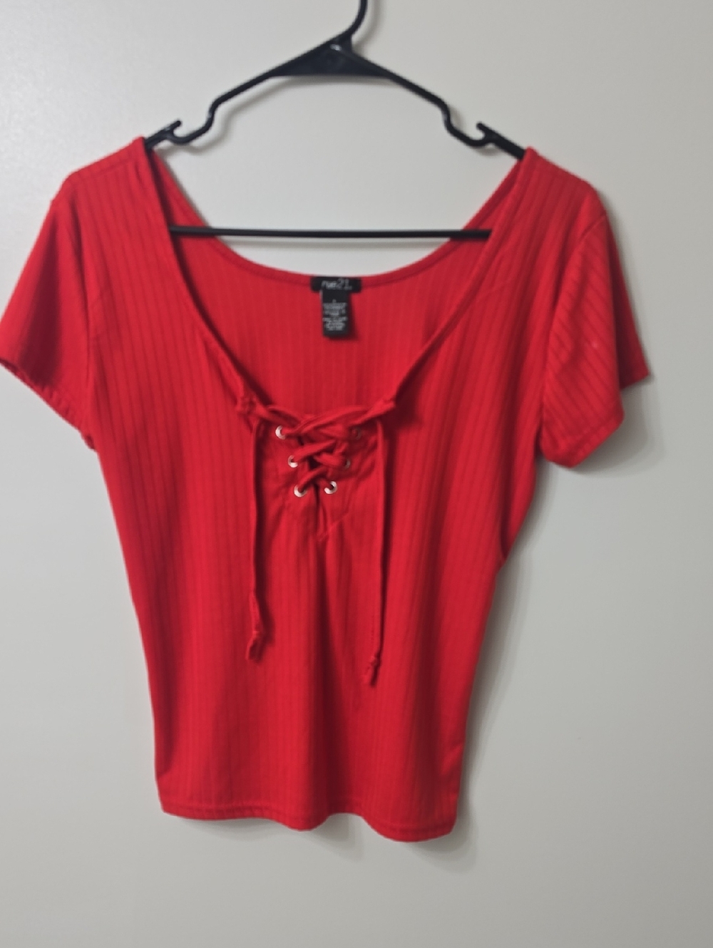Rue21 Red Ribbed Lace-Up Scoop Neck Short Sleeve Top
